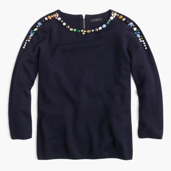 J. Crew Jeweled Crewneck Sweater Navy - Picture 2 of 6